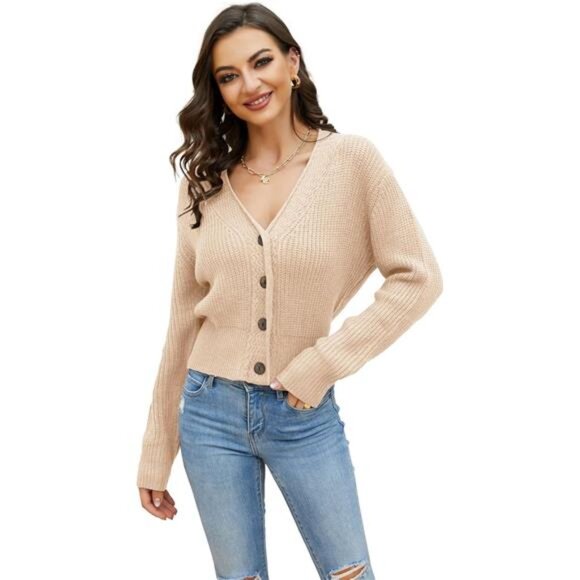 Women's Long Sleeve V-Neck Button Down Rib Knit Cropped Cardigan Sweater - Picture 4 of 6